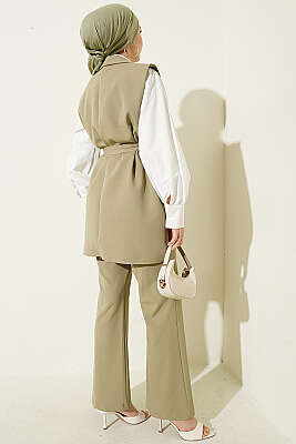 Kruvaze Yaka Kuşaklı Yelekli Takım Çağla Yeşili - İkili Takım