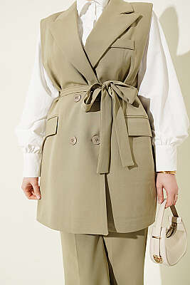 Kruvaze Yaka Kuşaklı Yelekli Takım Çağla Yeşili - İkili Takım