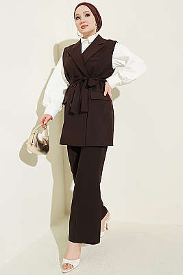 Kruvaze Yaka Kuşaklı Yelekli Takım Kahve - GÜRZA TEKSTİL