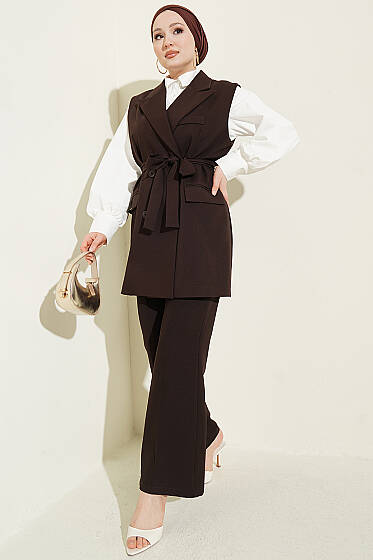 Kruvaze Yaka Kuşaklı Yelekli Takım Kahve - İkili Takım