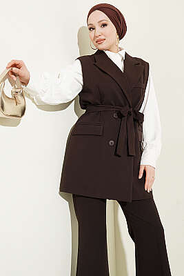 Kruvaze Yaka Kuşaklı Yelekli Takım Kahve - İkili Takım