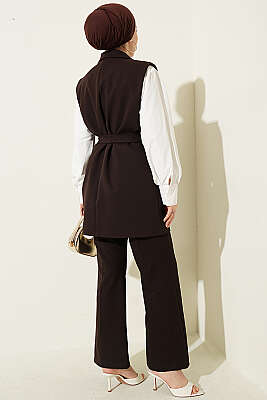 Kruvaze Yaka Kuşaklı Yelekli Takım Kahve - İkili Takım