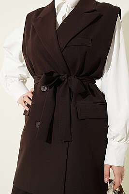 Kruvaze Yaka Kuşaklı Yelekli Takım Kahve - İkili Takım