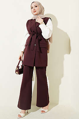 Kruvaze Yaka Kuşaklı Yelekli Takım Mürdüm - GÜRZA TEKSTİL