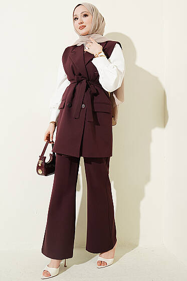 Kruvaze Yaka Kuşaklı Yelekli Takım Mürdüm - İkili Takım