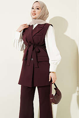 Kruvaze Yaka Kuşaklı Yelekli Takım Mürdüm - İkili Takım