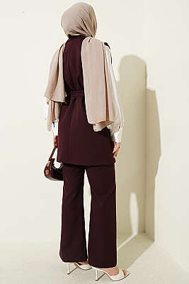 Kruvaze Yaka Kuşaklı Yelekli Takım Mürdüm - İkili Takım