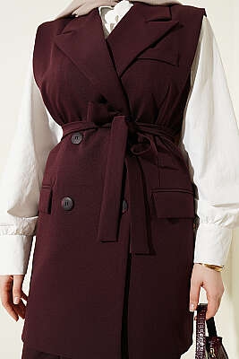 Kruvaze Yaka Kuşaklı Yelekli Takım Mürdüm - İkili Takım