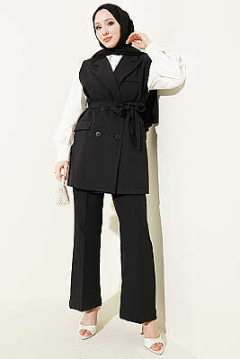 Kruvaze Yaka Kuşaklı Yelekli Takım Siyah - GÜRZA TEKSTİL