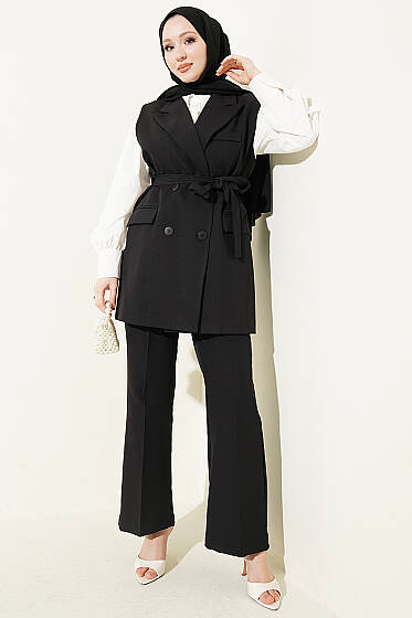 Kruvaze Yaka Kuşaklı Yelekli Takım Siyah - İkili Takım