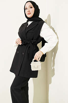 Kruvaze Yaka Kuşaklı Yelekli Takım Siyah - İkili Takım