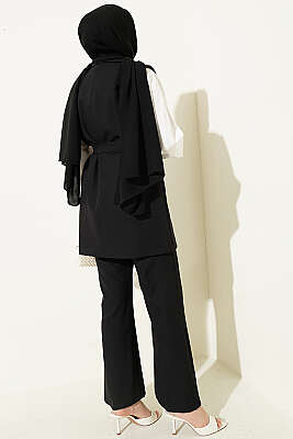 Kruvaze Yaka Kuşaklı Yelekli Takım Siyah - İkili Takım