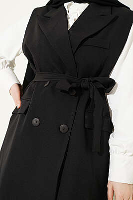 Kruvaze Yaka Kuşaklı Yelekli Takım Siyah - İkili Takım