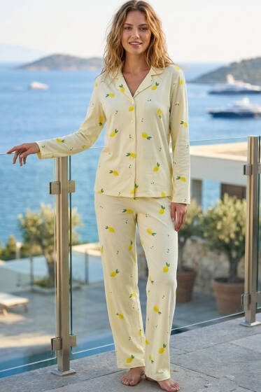 Kruvaze Yaka Limon Baskılı Kadın Pijama Takımı Sarı - Pijama
