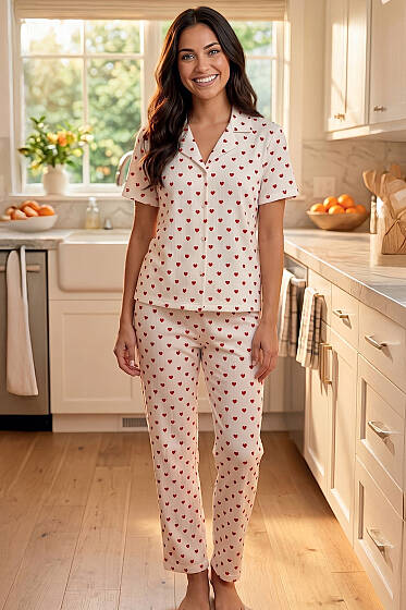 Kruvaze Yaka Mini Kalpli Pijama Takımı Kırmızı - Pijama