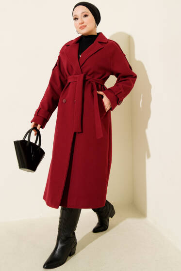 Kruvaze Yaka Omuz Apoletli Kaşe Kaban Bordo - Kaban