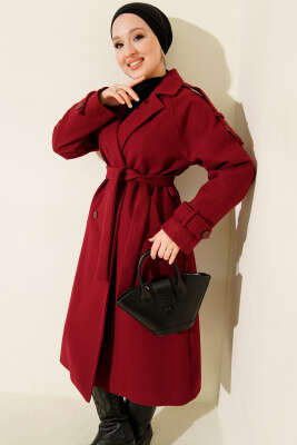 Kruvaze Yaka Omuz Apoletli Kaşe Kaban Bordo - Kaban