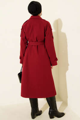 Kruvaze Yaka Omuz Apoletli Kaşe Kaban Bordo - Kaban