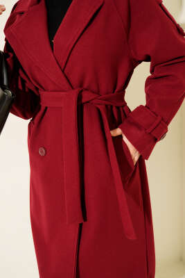 Kruvaze Yaka Omuz Apoletli Kaşe Kaban Bordo - Kaban