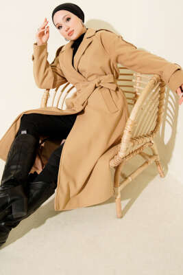 Kruvaze Yaka Omuz Apoletli Kaşe Kaban Camel - BIGDART