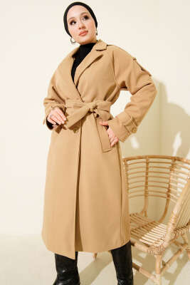 Kruvaze Yaka Omuz Apoletli Kaşe Kaban Camel - Kaban