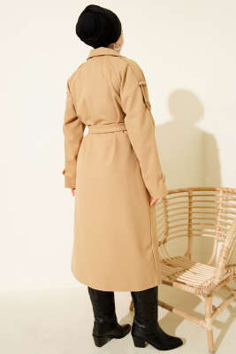 Kruvaze Yaka Omuz Apoletli Kaşe Kaban Camel - Kaban