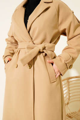 Kruvaze Yaka Omuz Apoletli Kaşe Kaban Camel - Kaban