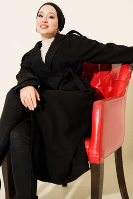 Kruvaze Yaka Omuz Apoletli Kaşe Kaban Siyah - BIGDART