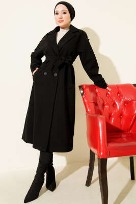 Kruvaze Yaka Omuz Apoletli Kaşe Kaban Siyah - Kaban