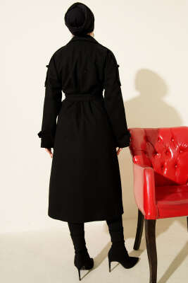 Kruvaze Yaka Omuz Apoletli Kaşe Kaban Siyah - Kaban