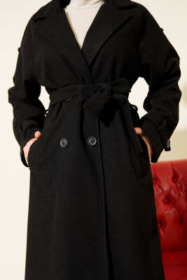 Kruvaze Yaka Omuz Apoletli Kaşe Kaban Siyah - Kaban