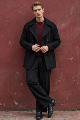 Kruvaze Yaka Oversize Kaşe Erkek Kaban Siyah - Erkek Kaban