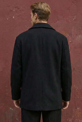 Kruvaze Yaka Oversize Kaşe Erkek Kaban Siyah - Erkek Kaban