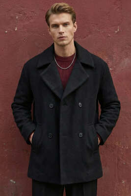 Kruvaze Yaka Oversize Kaşe Erkek Kaban Siyah - GAVAZZİ