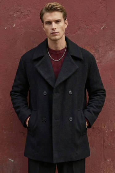 Kruvaze Yaka Oversize Kaşe Erkek Kaban Siyah - Erkek Kaban