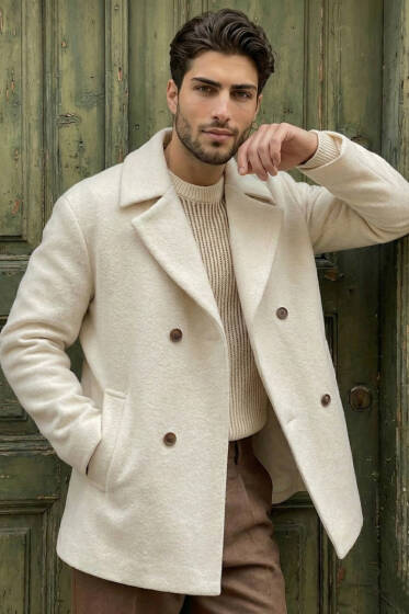 Kruvaze Yaka Oversize Kaşe Erkek Kaban Taş - Erkek Kaban