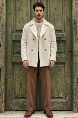 Kruvaze Yaka Oversize Kaşe Erkek Kaban Taş - Erkek Kaban