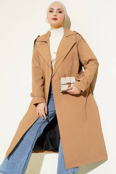 Kruvaze Yaka Paraşüt Trençkot Camel - Trençkot