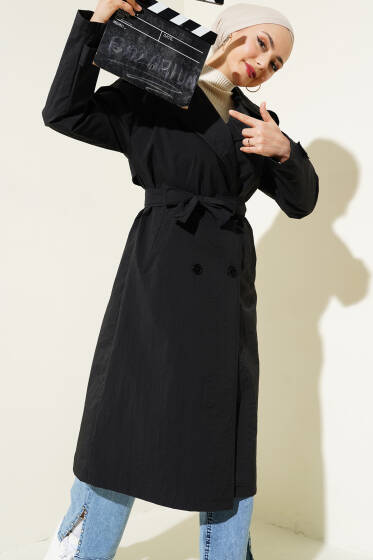 Kruvaze Yaka Paraşüt Trençkot Siyah - Trençkot
