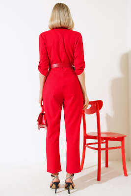 Kruvaze Yaka Pileli Tulum Kırmızı - Kadın Giyim Modelleri