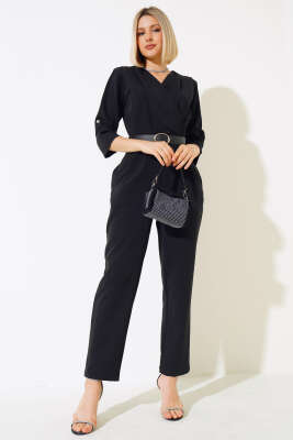 Kruvaze Yaka Pileli Tulum Siyah - Kadın Giyim Modelleri