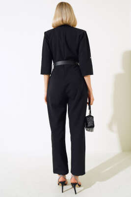 Kruvaze Yaka Pileli Tulum Siyah - Kadın Giyim Modelleri