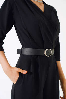 Kruvaze Yaka Pileli Tulum Siyah - Kadın Giyim Modelleri