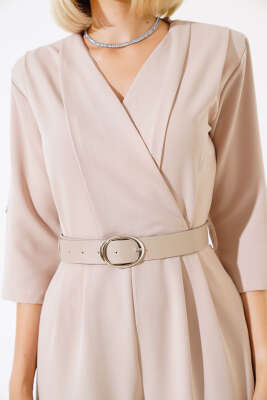 Kruvaze Yaka Pileli Tulum Taş - Kadın Giyim Modelleri