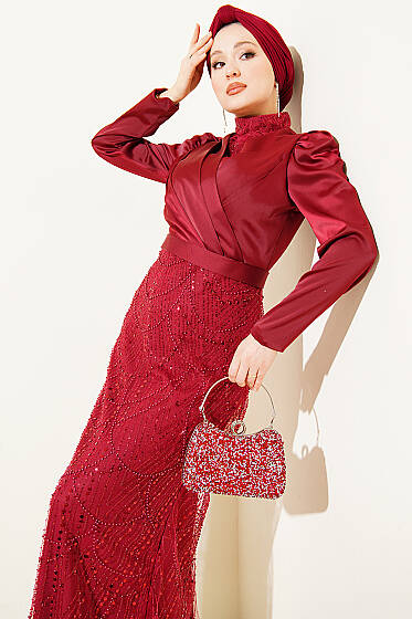 Kruvaze Yaka Pul Payet Abiye Elbise Bordo - Elbise