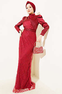 Kruvaze Yaka Pul Payet Abiye Elbise Bordo - Elbise