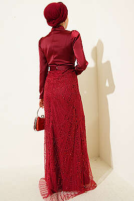 Kruvaze Yaka Pul Payet Abiye Elbise Bordo - Elbise