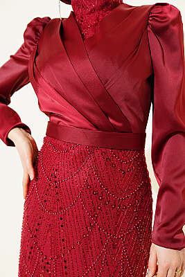 Kruvaze Yaka Pul Payet Abiye Elbise Bordo - Elbise