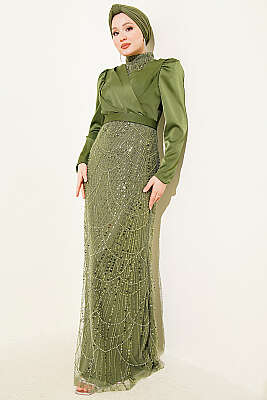 Kruvaze Yaka Pul Payet Abiye Elbise Haki - CNR TEKSTİL