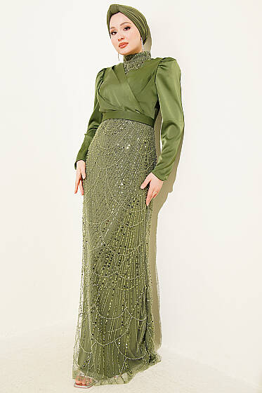 Kruvaze Yaka Pul Payet Abiye Elbise Haki - Elbise
